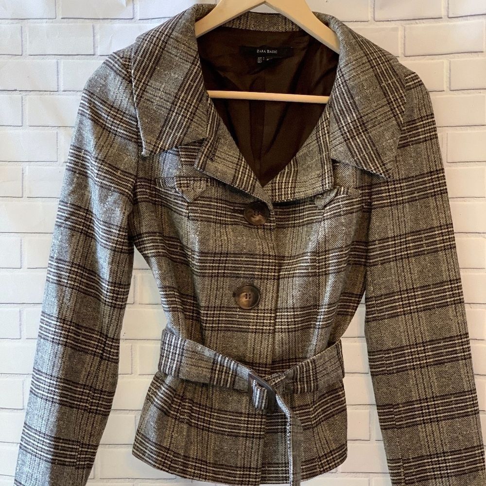 Zara Basic Plaid Belted Blazer Style Jack…